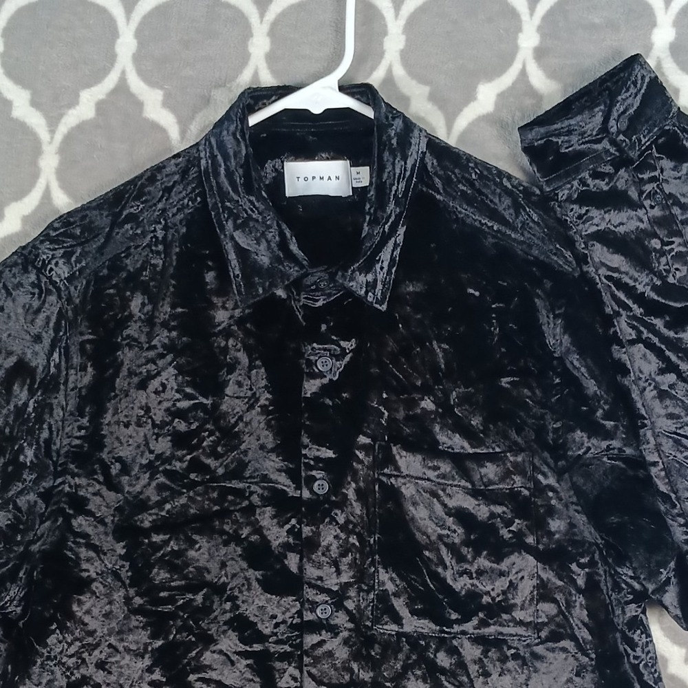 Topman Crushed Velvet Shirt Mens Medium Black Dressy Formal Goth Button Up